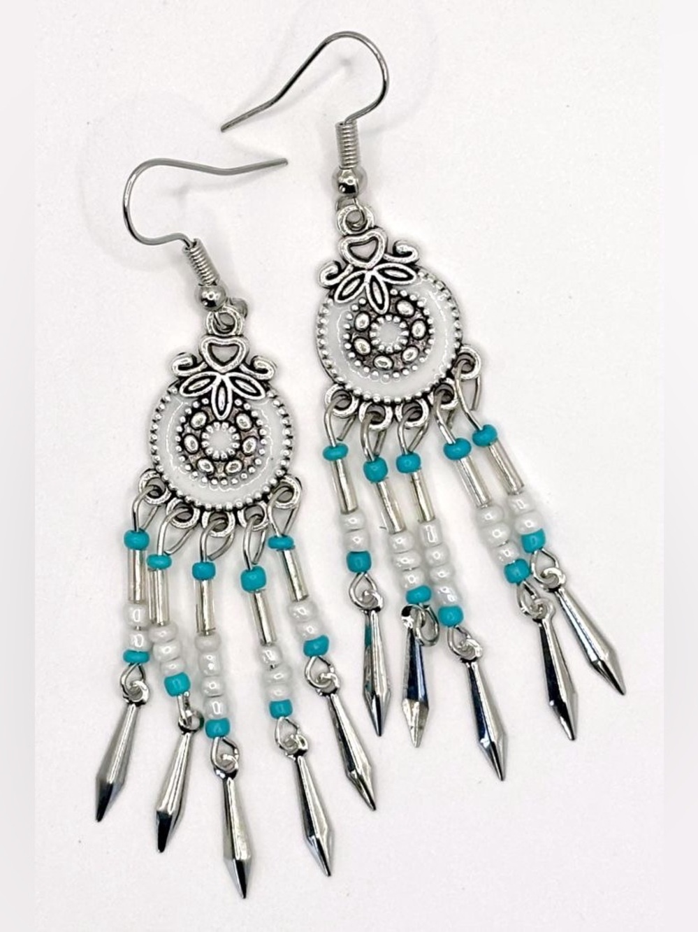 2 7/8" Southwestern Turquoise White Beaded Enameled Floral Tassel Earrings